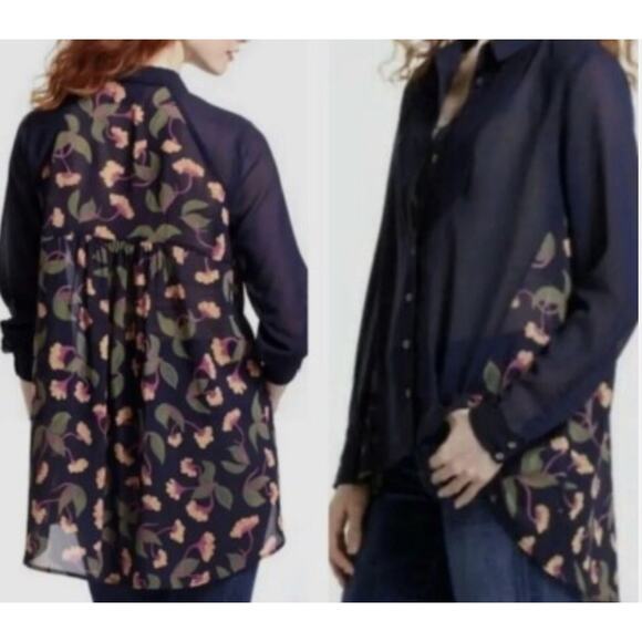Anthropologie MAEVE Ira Sheer Tunic Blouse Size 4 Blue Floral High Low Tuxedo - Picture 1 of 9